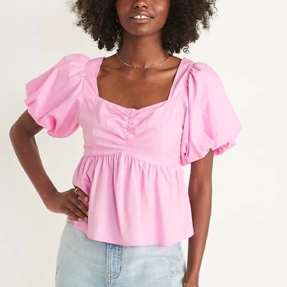 Puff-Sleeve Ruched Smocked Babydoll Swing Blouse Pink XXL - Picture 1 of 7